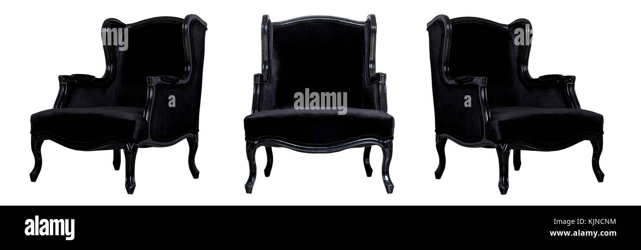 Front and side view of black textile classic chair isolated on white background. Collage set of different chairs Stock Photo