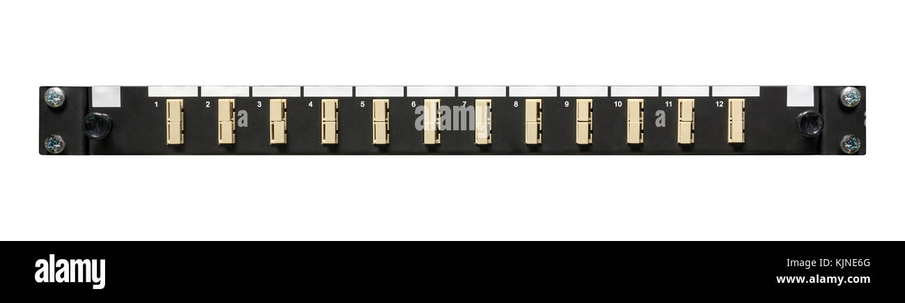 Fibre optic networking patch panel with 12 SC ports from a front view for use as a communications cabinet template on an isolated white background Stock Photo