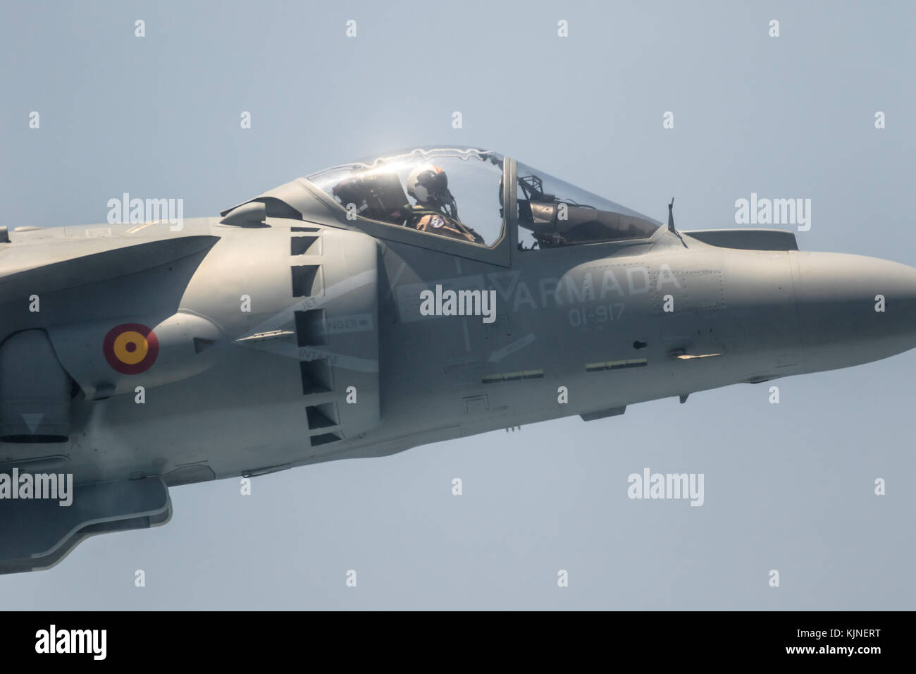 MOTRIL, GRANADA, SPAIN-JUN 11: Aircraft AV-8B Harrier Plus taking part in an exhibition on the 12th international airshow of Motril on Jun 11, 2017, i Stock Photo