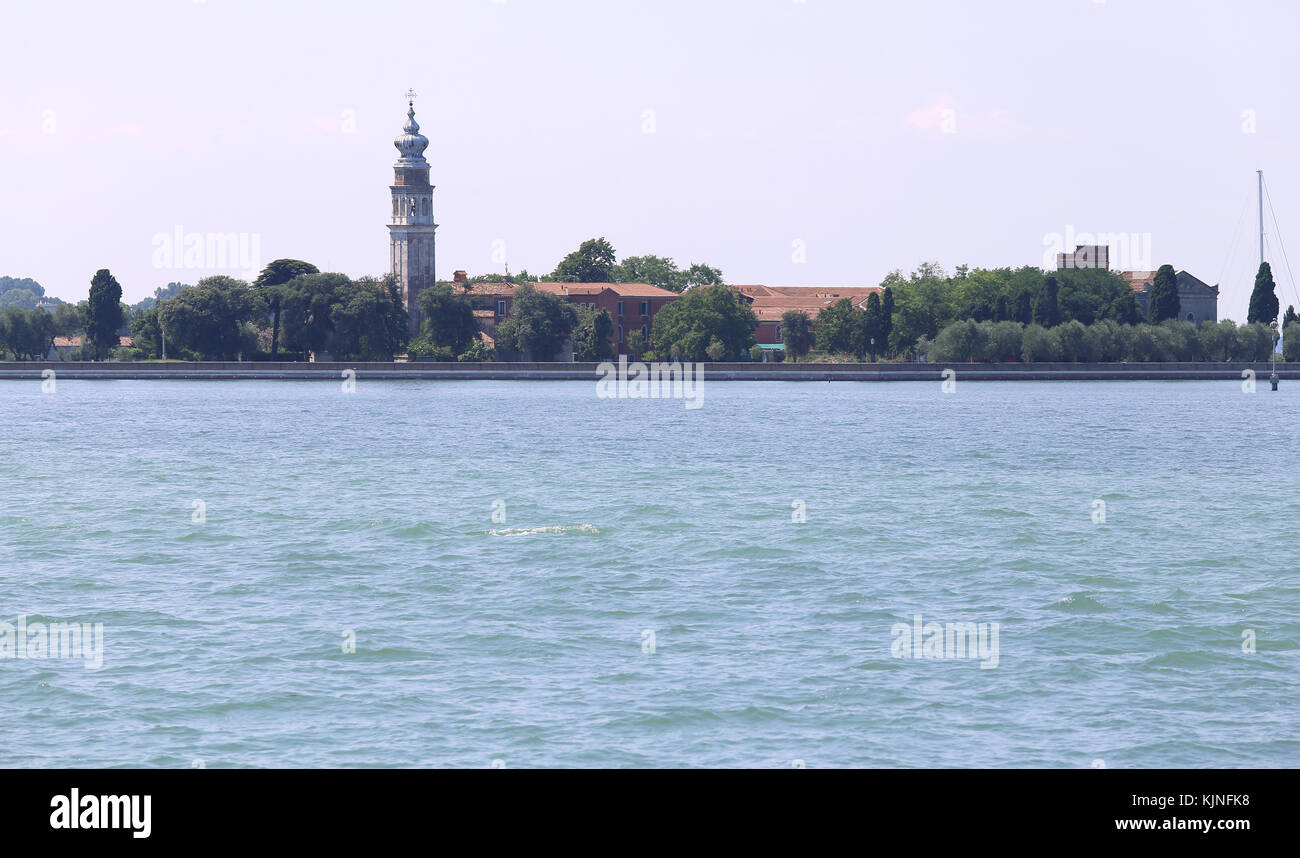 Island near Venice in Italy called Isola di San Lazzaro degli Armeni and the bell tower of the church Stock Photo