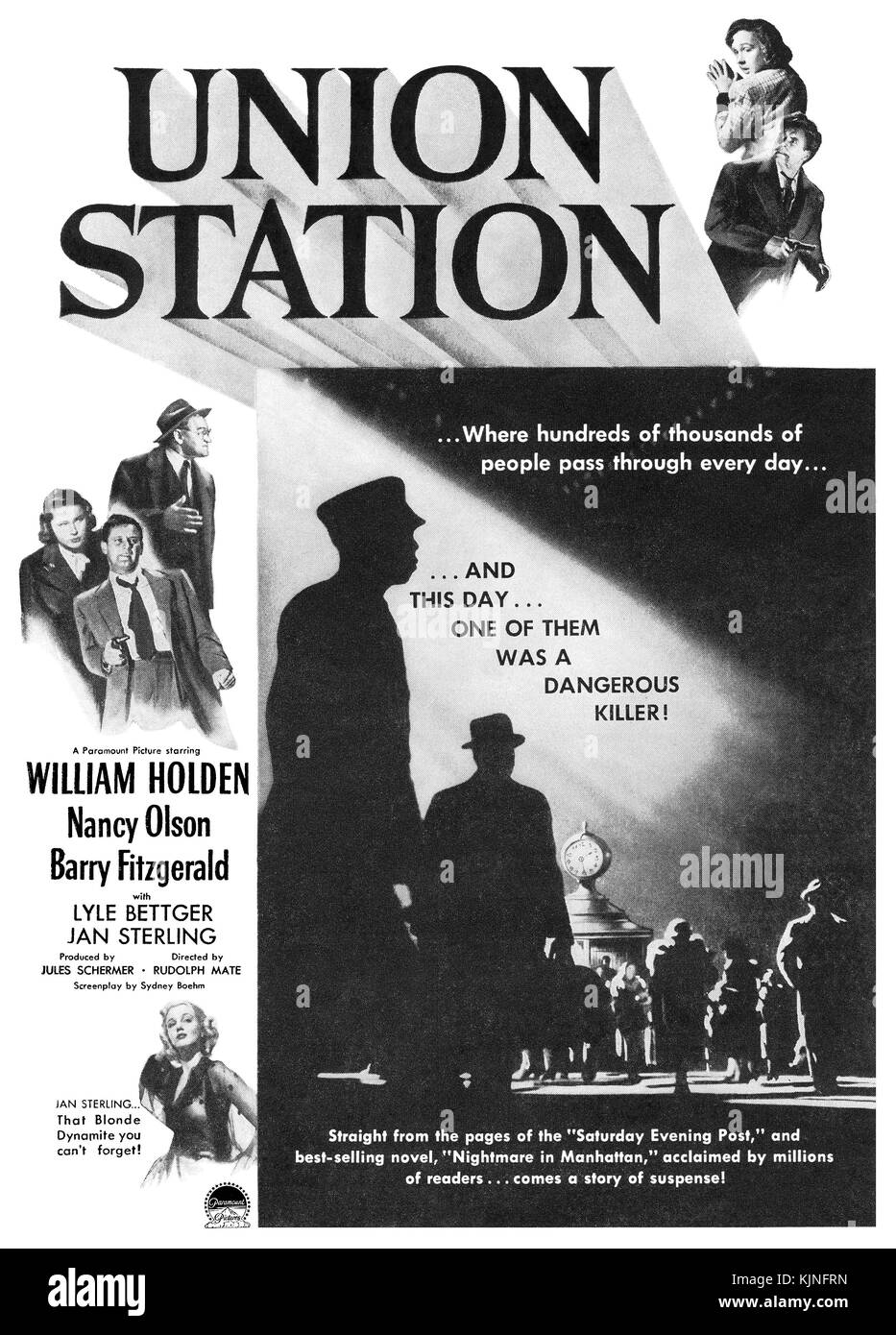 1950 U.S. advertisement for the Paramount movie Union Station, starring William Holden, Nancy Olson and Barry Fitzgerald. Stock Photo