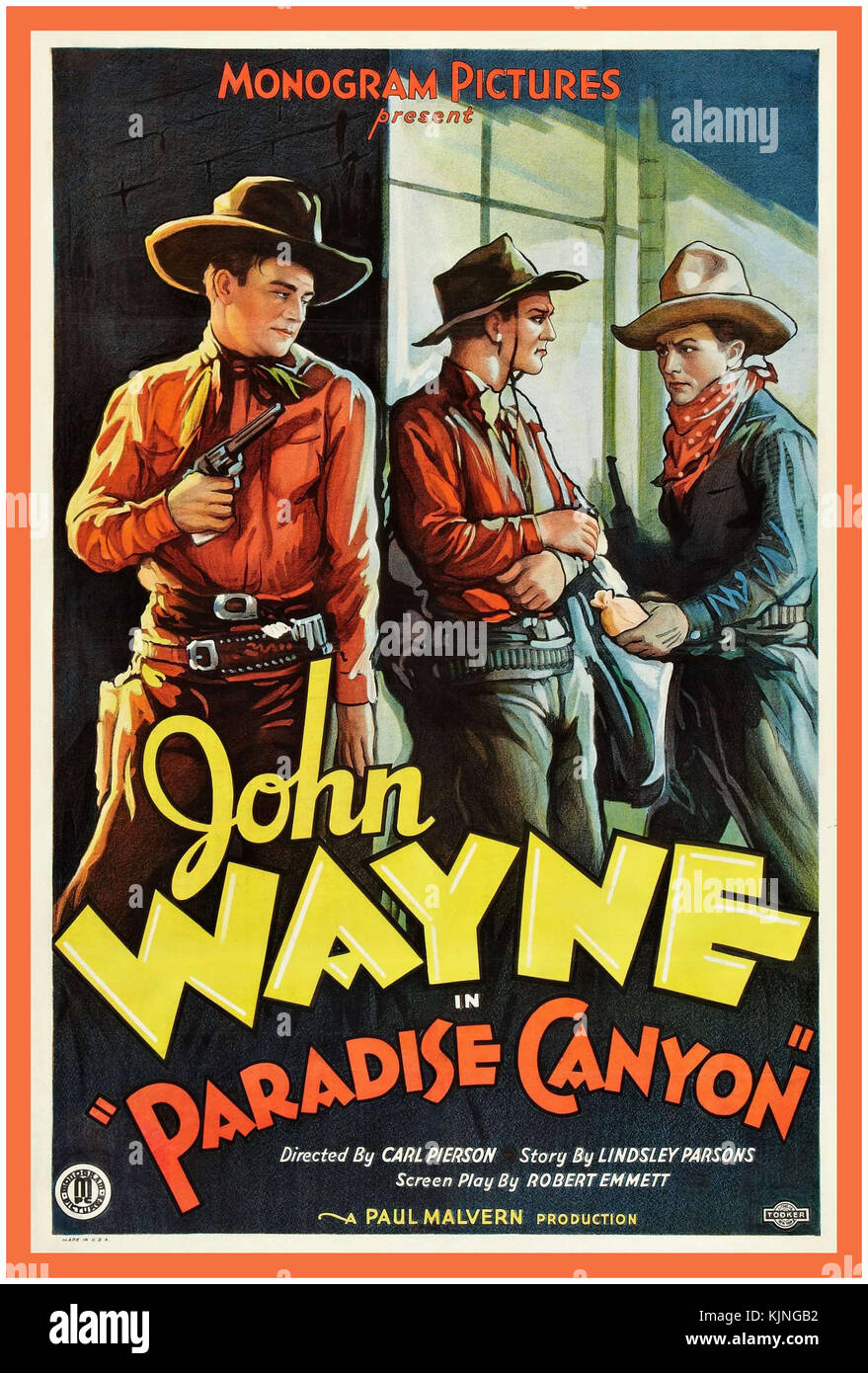 JOHN WAYNE Vintage 1930's John Wayne early Movie Poster 'PARADISE CANYON' movie Monogram Pictures   Director Carl Pierson story by Lindsley Parsons Produced by Paul Malvern Stock Photo