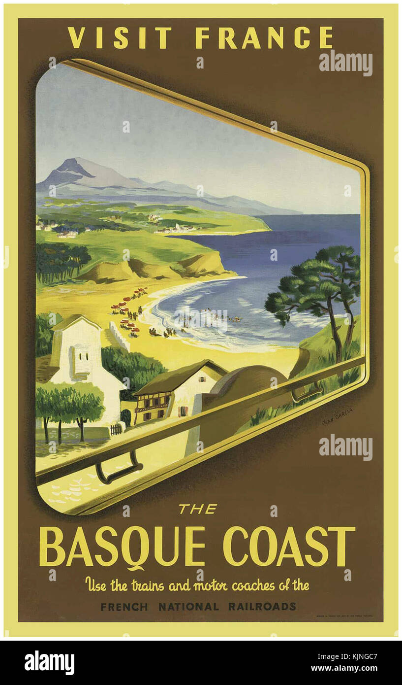 Vintage Travel Poster 1950's Basque Coast French National Railroads France. Stock Photo