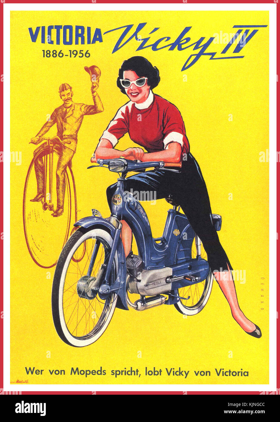 Vintage Moped Motorised Bicycle advertisement poster Moped Motorcycle Victoria, Vicky IV 1956 Stock Photo