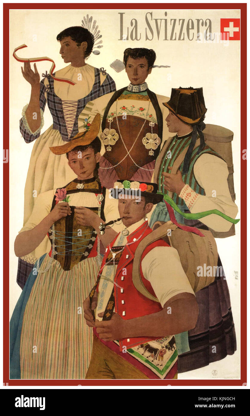 VINTAGE SWISS TRAVEL POSTER SWITZERLAND TRADITIONAL COSTUMES Vintage Poster The Swiss Traditional Folkloric Costumes. Switzerland.  1952. by Kurt Wirth. Stock Photo
