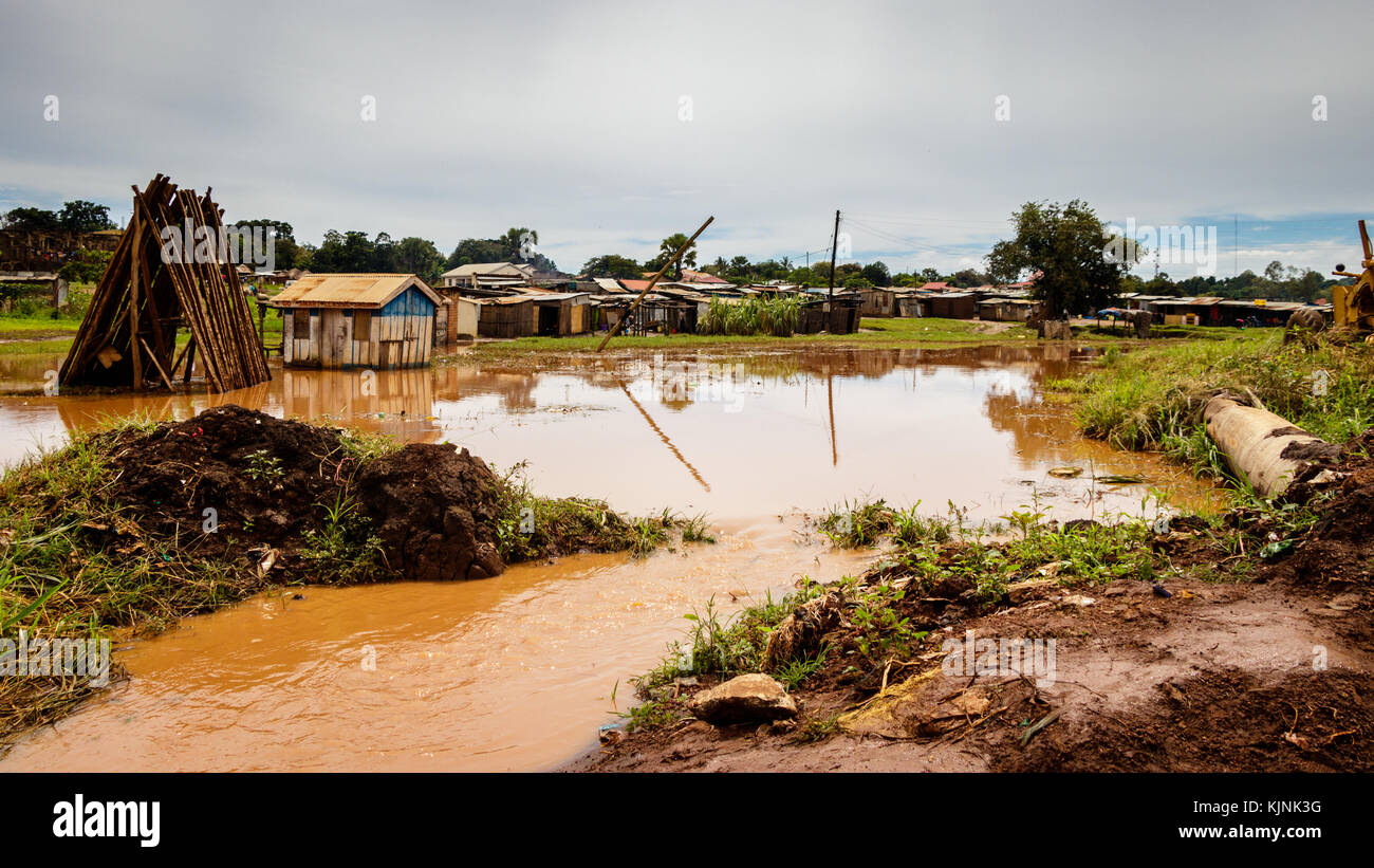 Rainy season in Lira Uganda. The complete village is flooding after this destructive rainfall. Stock Photo