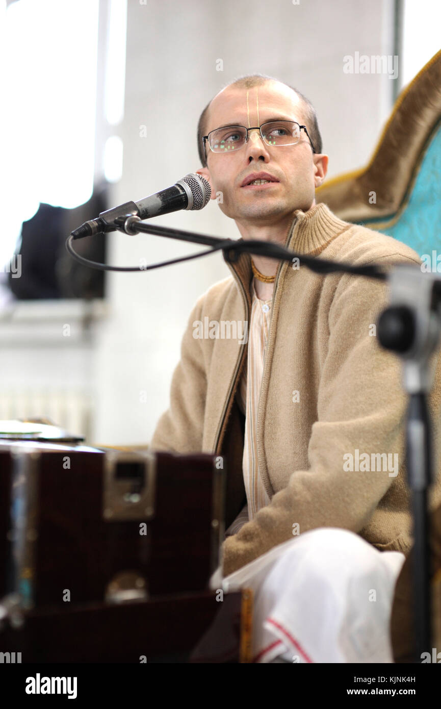 Guru preaching in a temple for Krishna parishioners. April 3, 2017. The Krishna temple, Kyiv, Ukraine Stock Photo