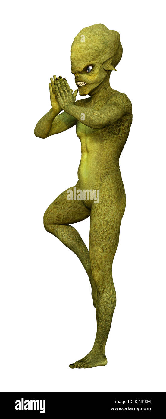 3D rendering of a green alien practicing yoga isolated on white ...