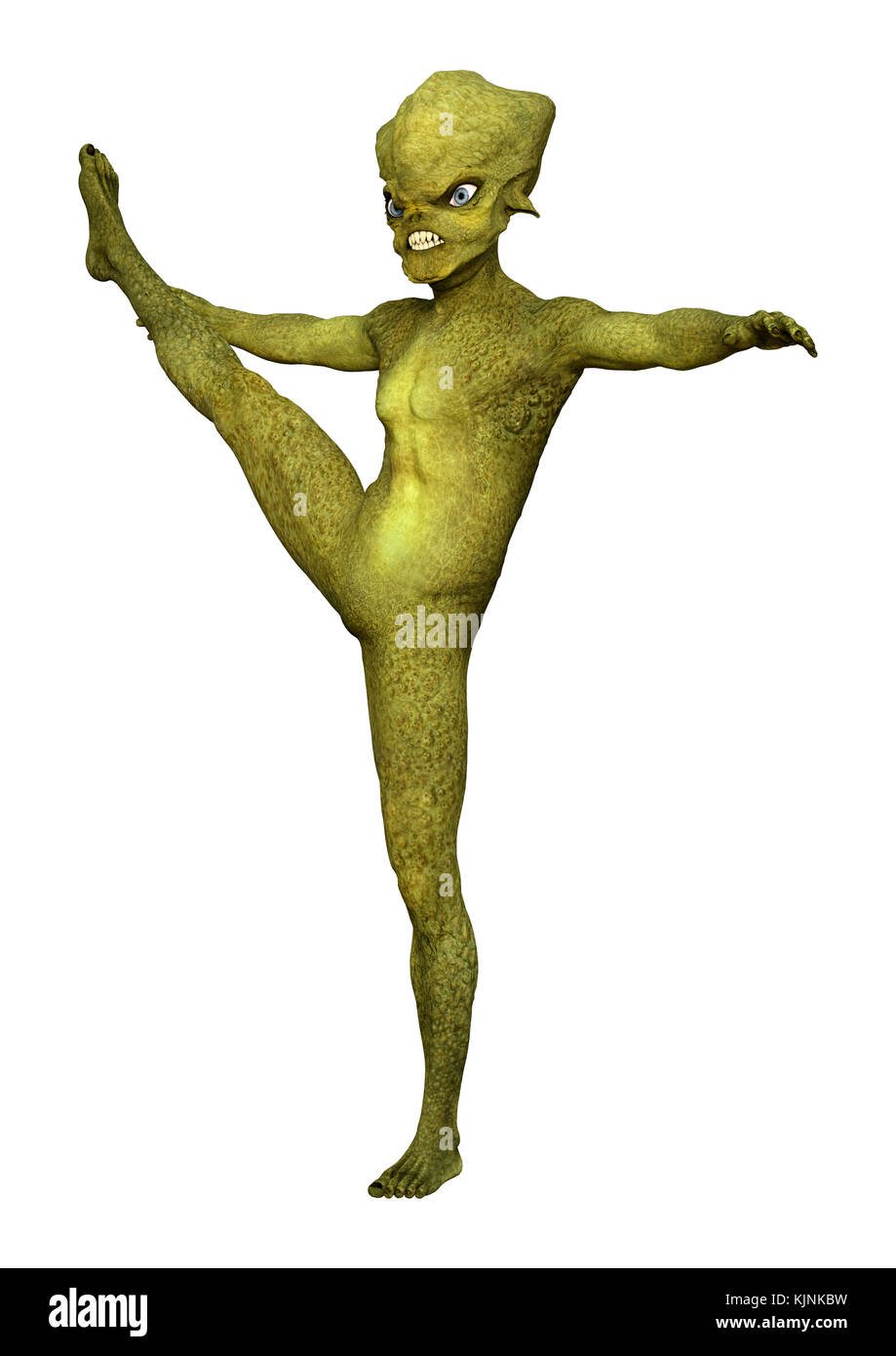 3D rendering of a green alien doing sport isolated on white background Stock Photo