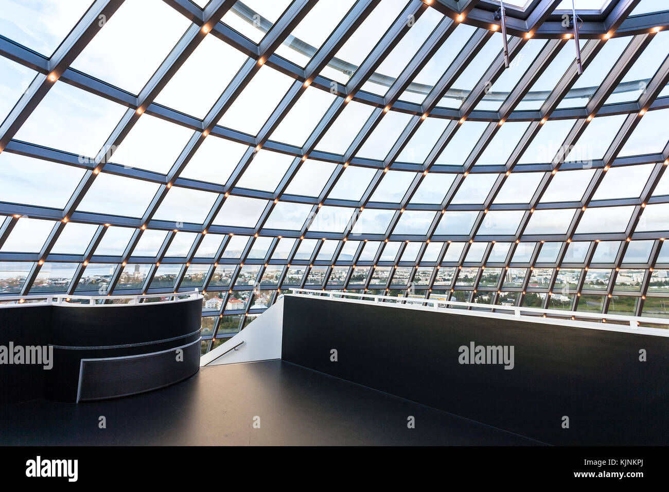 REYKJAVIC, ICELAND - SEPTEMBER 7, 2017: inside glass dome on Observation Deck of Perlan Museum in Reykjavik city in evening. The Perlan Museum of Wond Stock Photo