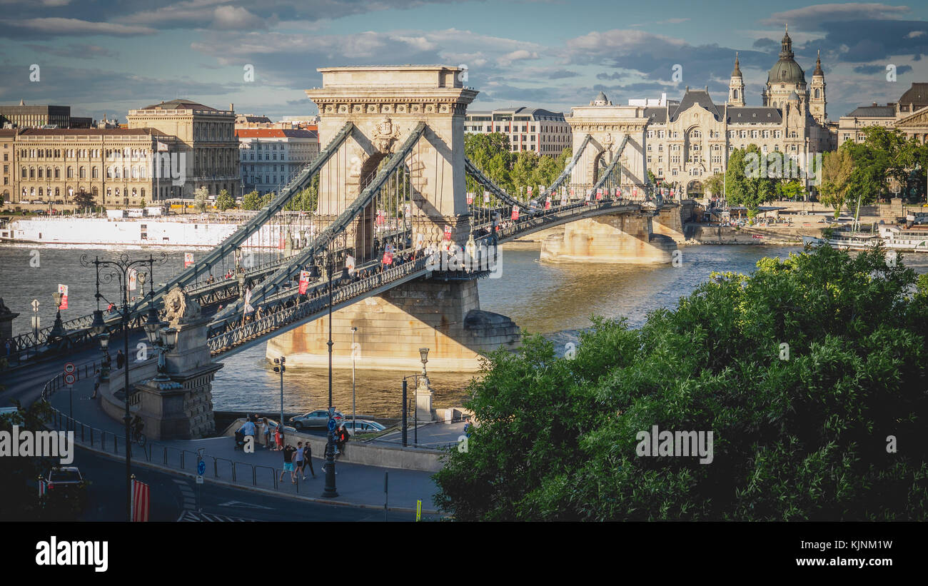 View of the Széchenyi Lánchíd (Széchenyi Chain Bridge) from the Buda hill in Budapest (Hungary). June 2017. Landscape format. Stock Photo