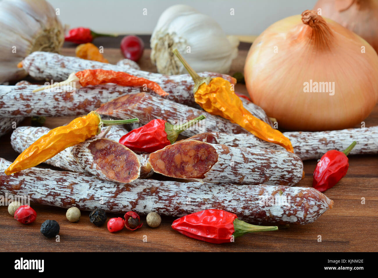 Homemade salametti, thin, small sausages with noble mold outside, hot