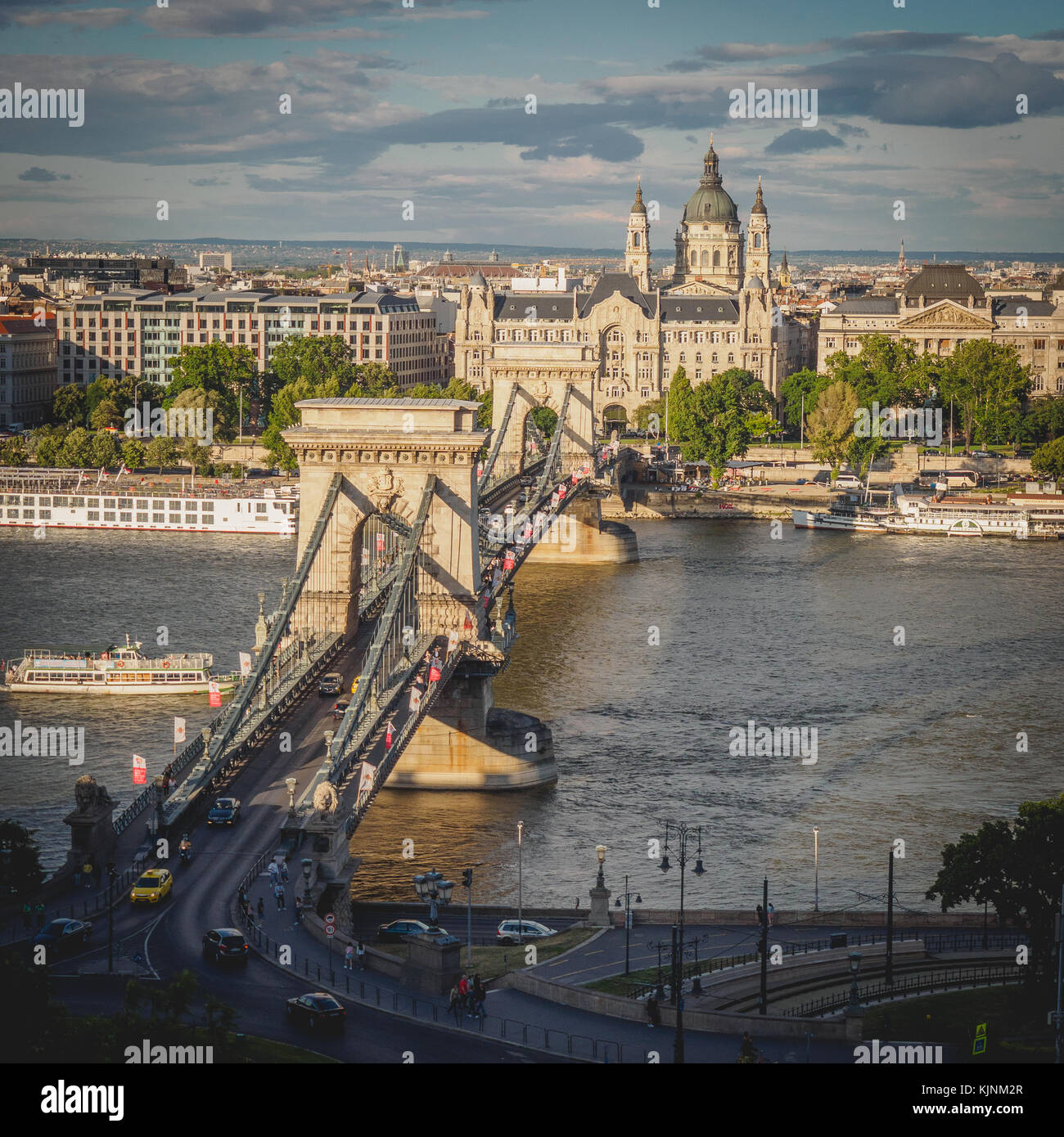 View of the Széchenyi Lánchíd (Széchenyi Chain Bridge) from the Buda hill in Budapest (Hungary). June 2017. Square format. Stock Photo