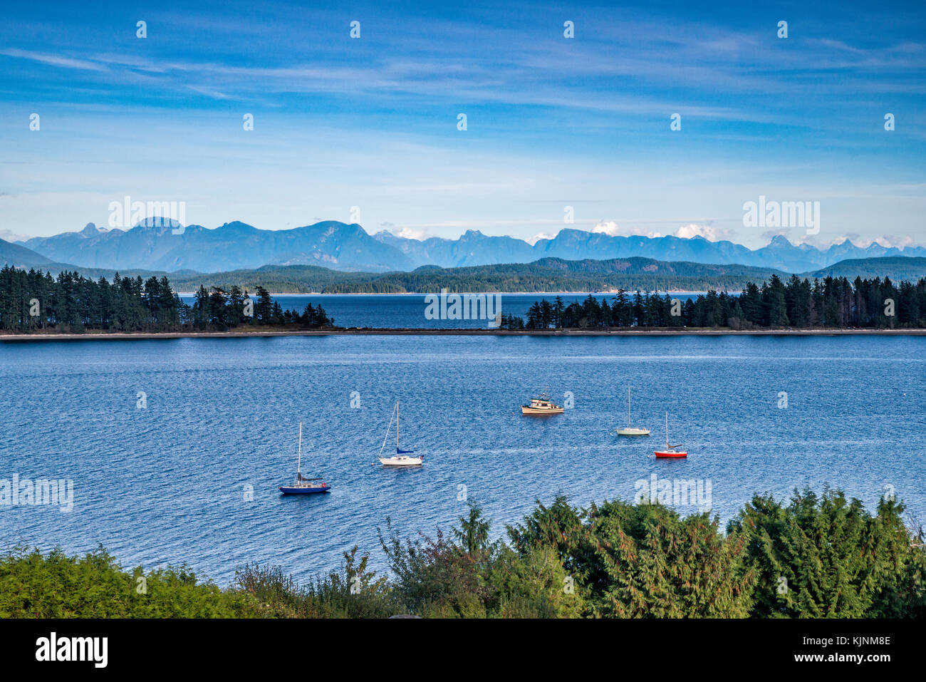 Sailboats at Heriot Bay, Rebecca Spit, Cortes Island, distant Coast
