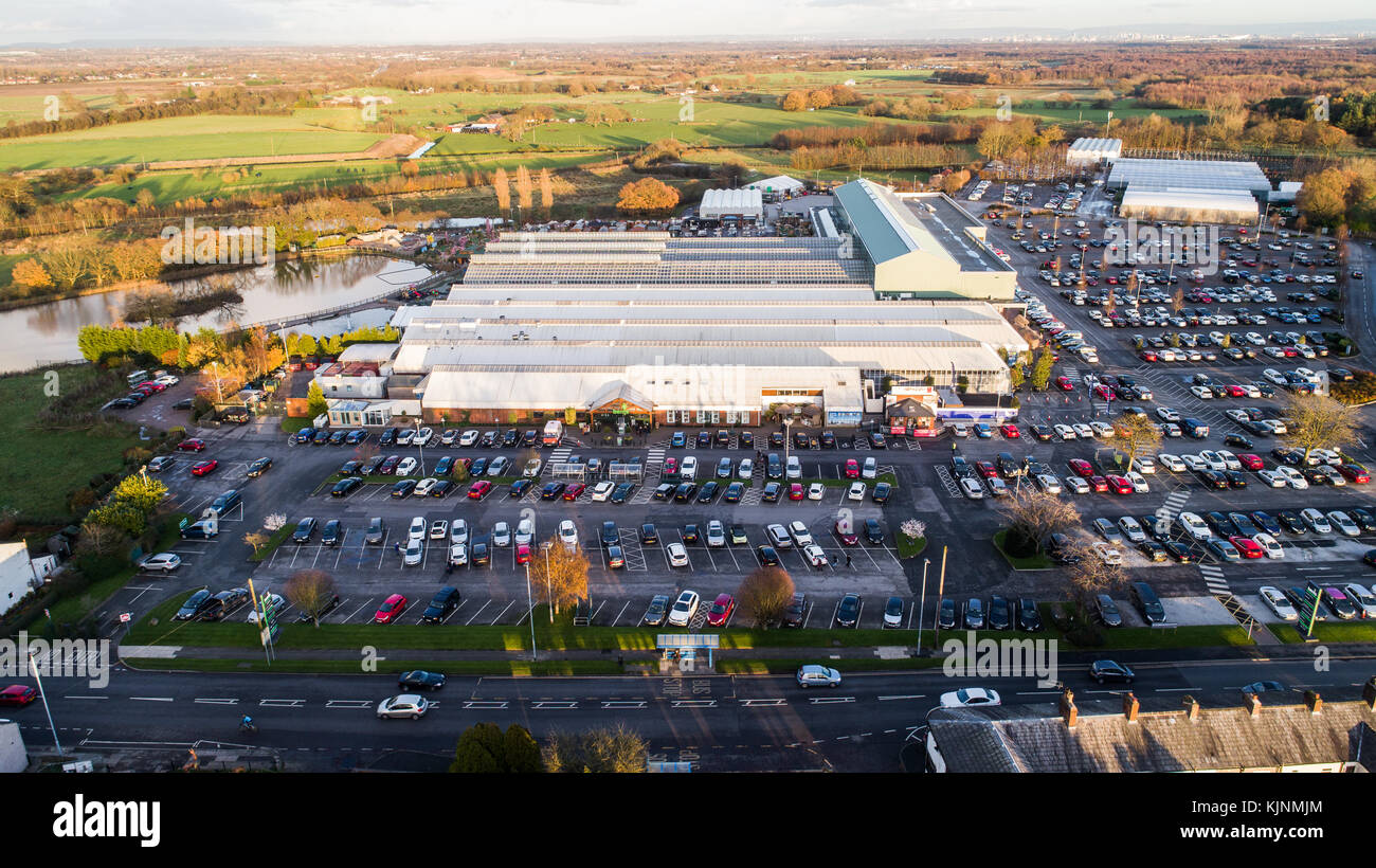 Aerial View Of Bents Garden Centre near Leigh In Glazebury, Warrington, Cheshire, UK Stock Photo