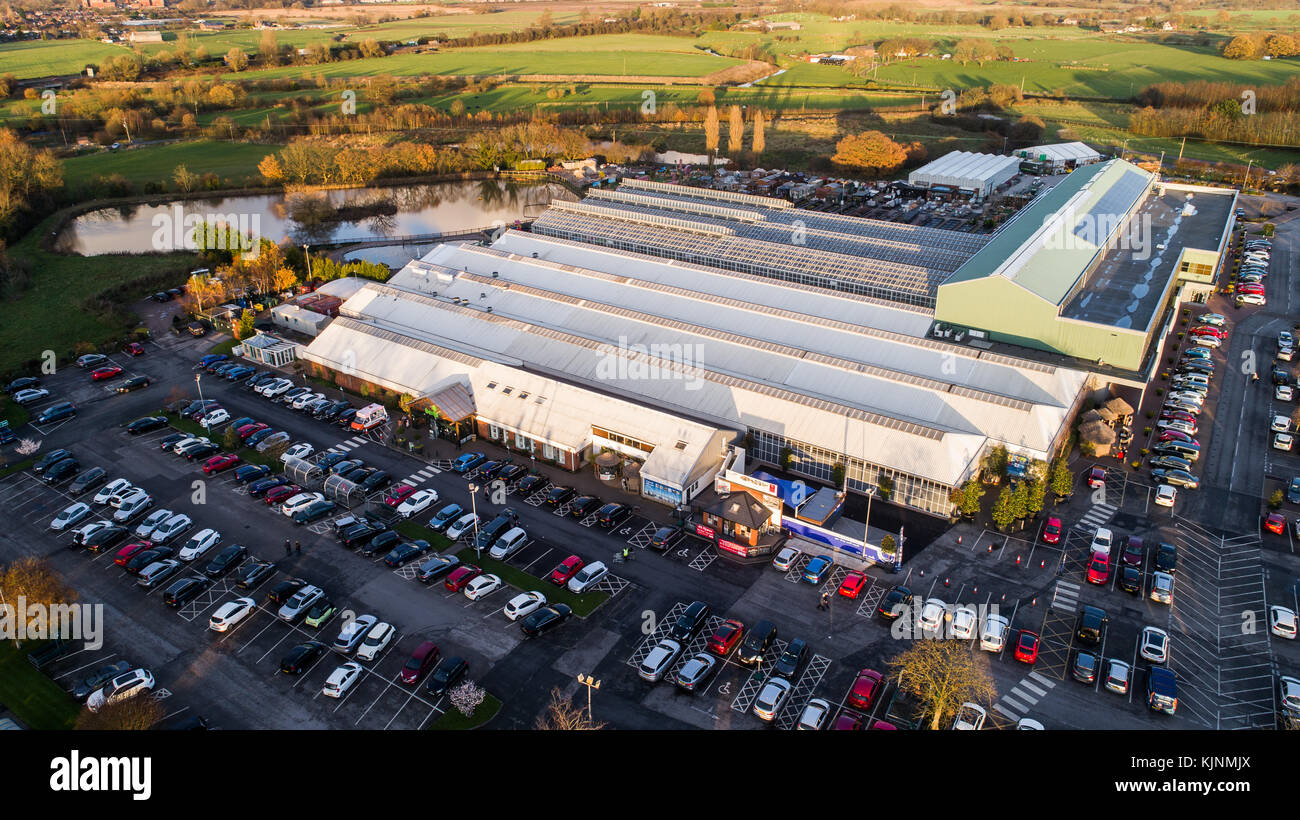 Aerial View Of Bents Garden Centre near Leigh In Glazebury, Warrington, Cheshire, UK Stock Photo