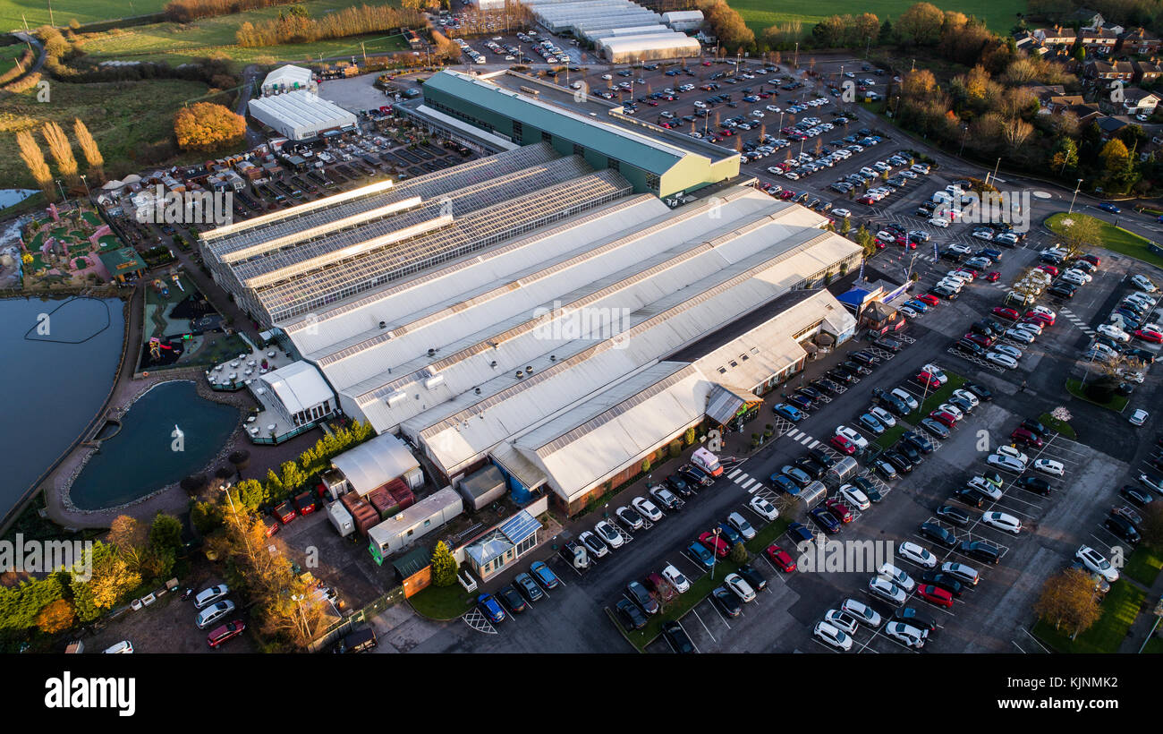 Aerial View Of Bents Garden Centre near Leigh In Glazebury, Warrington, Cheshire, UK Stock Photo