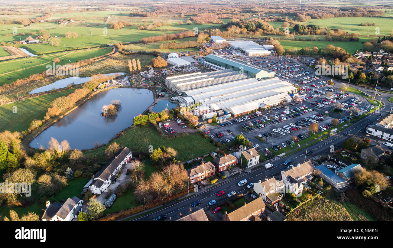 Aerial View Of Bents Garden Centre near Leigh In Glazebury, Warrington, Cheshire, UK Stock Photo