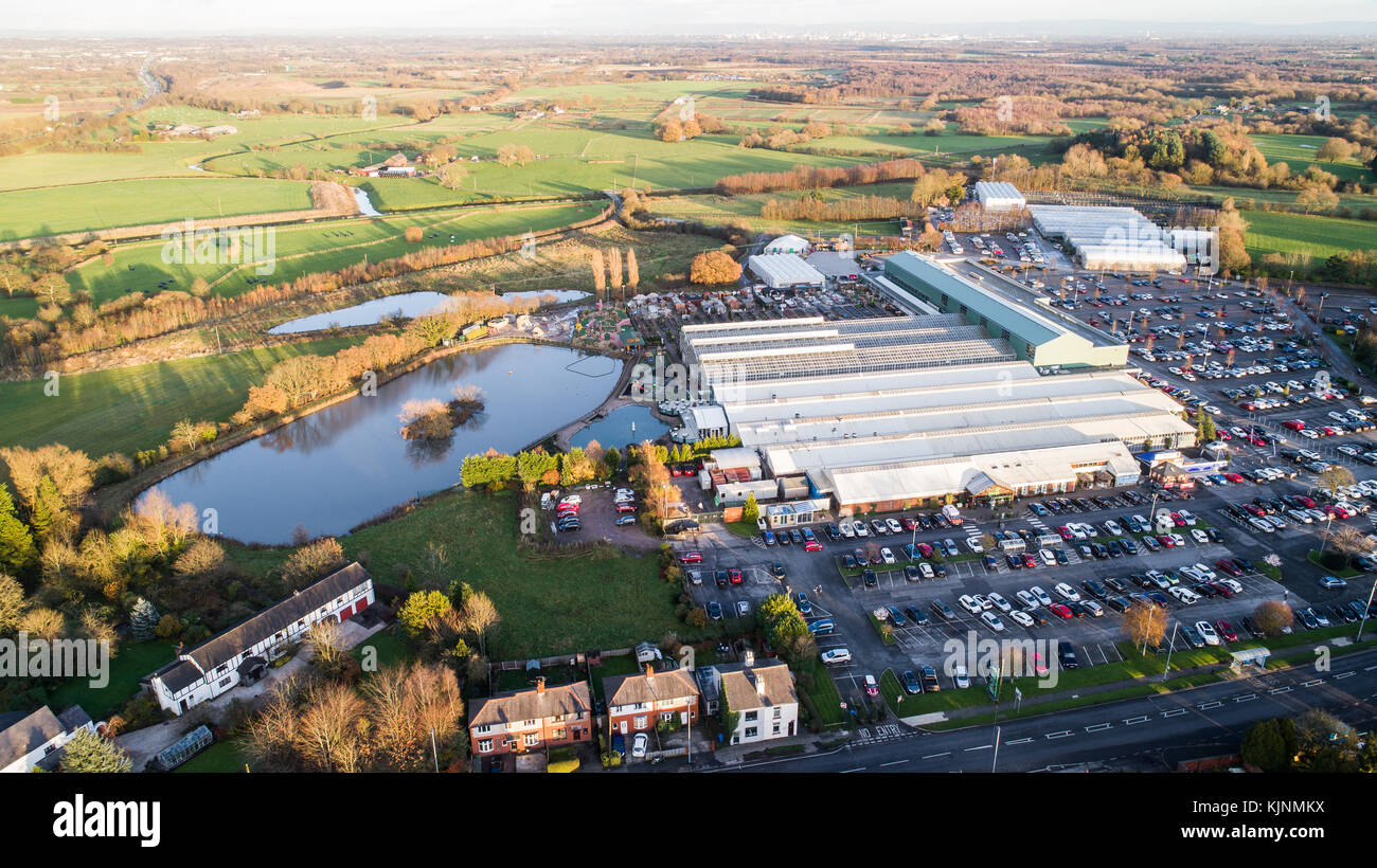 Aerial View Of Bents Garden Centre near Leigh In Glazebury, Warrington, Cheshire, UK Stock Photo