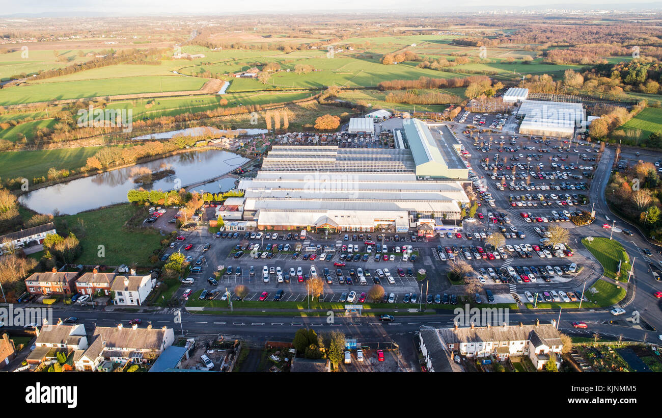 Aerial View Of Bents Garden Centre near Leigh In Glazebury, Warrington, Cheshire, UK Stock Photo