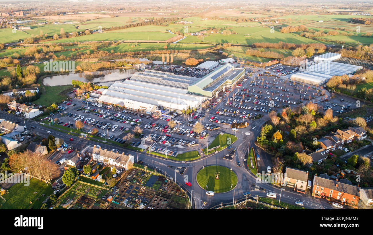 Aerial View Of Bents Garden Centre near Leigh In Glazebury, Warrington, Cheshire, UK Stock Photo