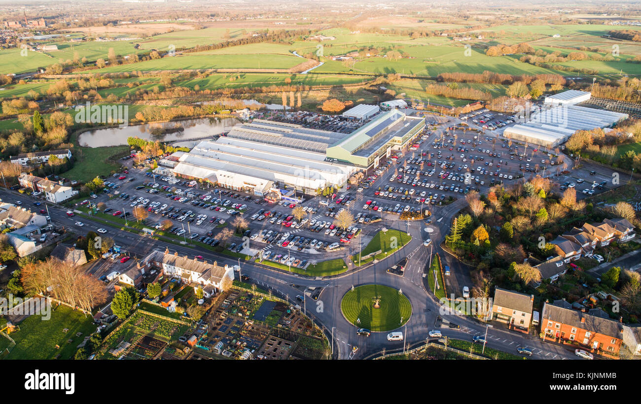 Aerial View Of Bents Garden Centre near Leigh In Glazebury, Warrington, Cheshire, UK Stock Photo