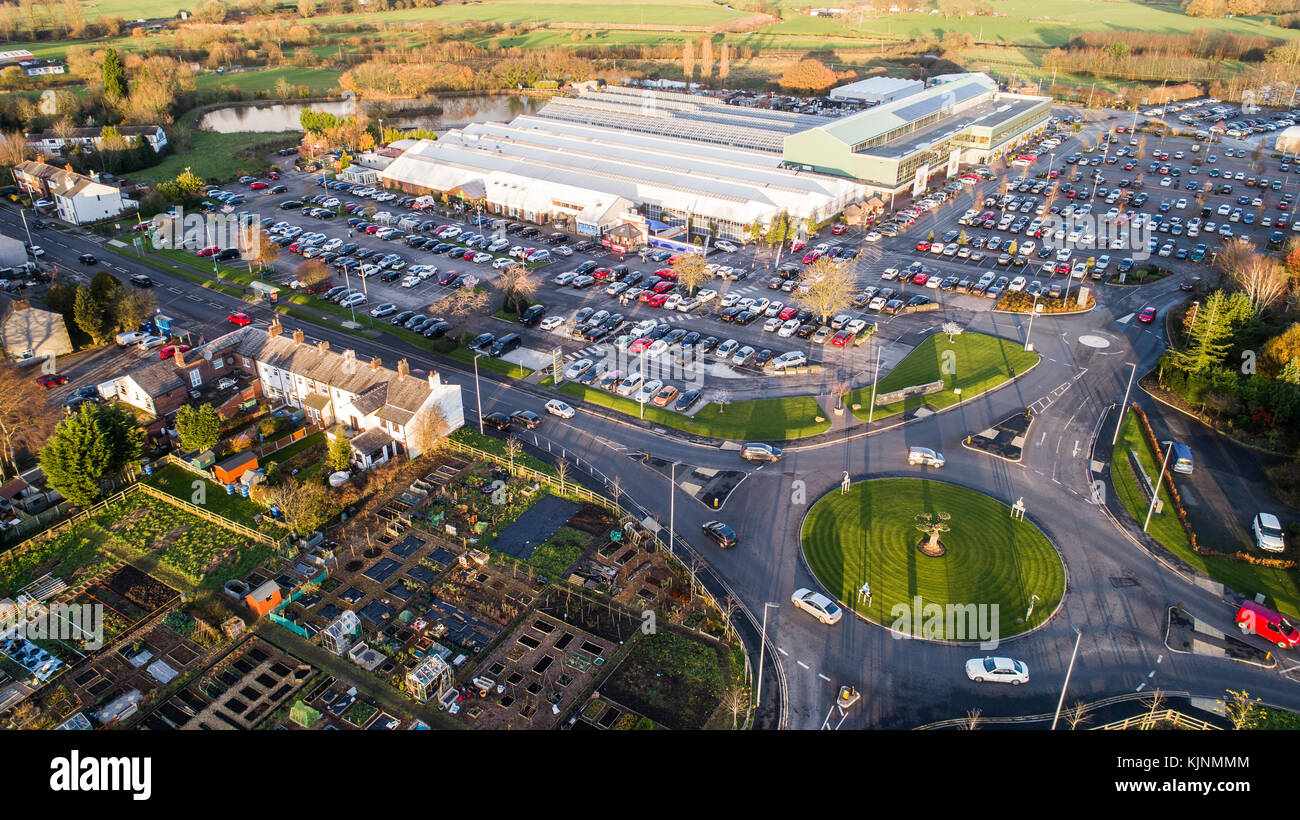 Aerial View Of Bents Garden Centre near Leigh In Glazebury, Warrington, Cheshire, UK Stock Photo