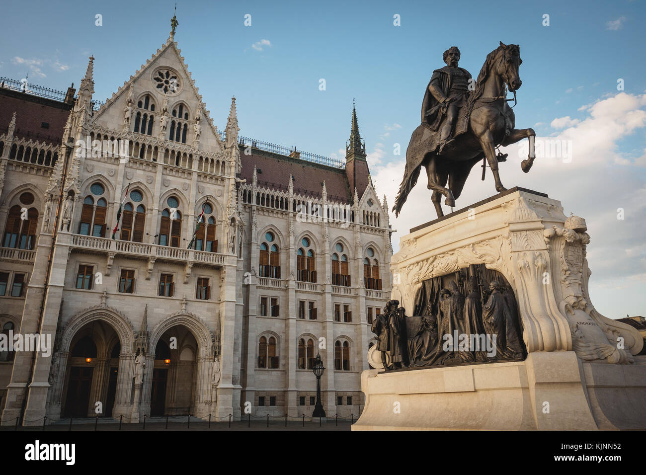 Statue of Gyula Andrássy in front of the Hungarian Parliament Building in Budapest (Hungary). June 2017. Landscape format. Stock Photo