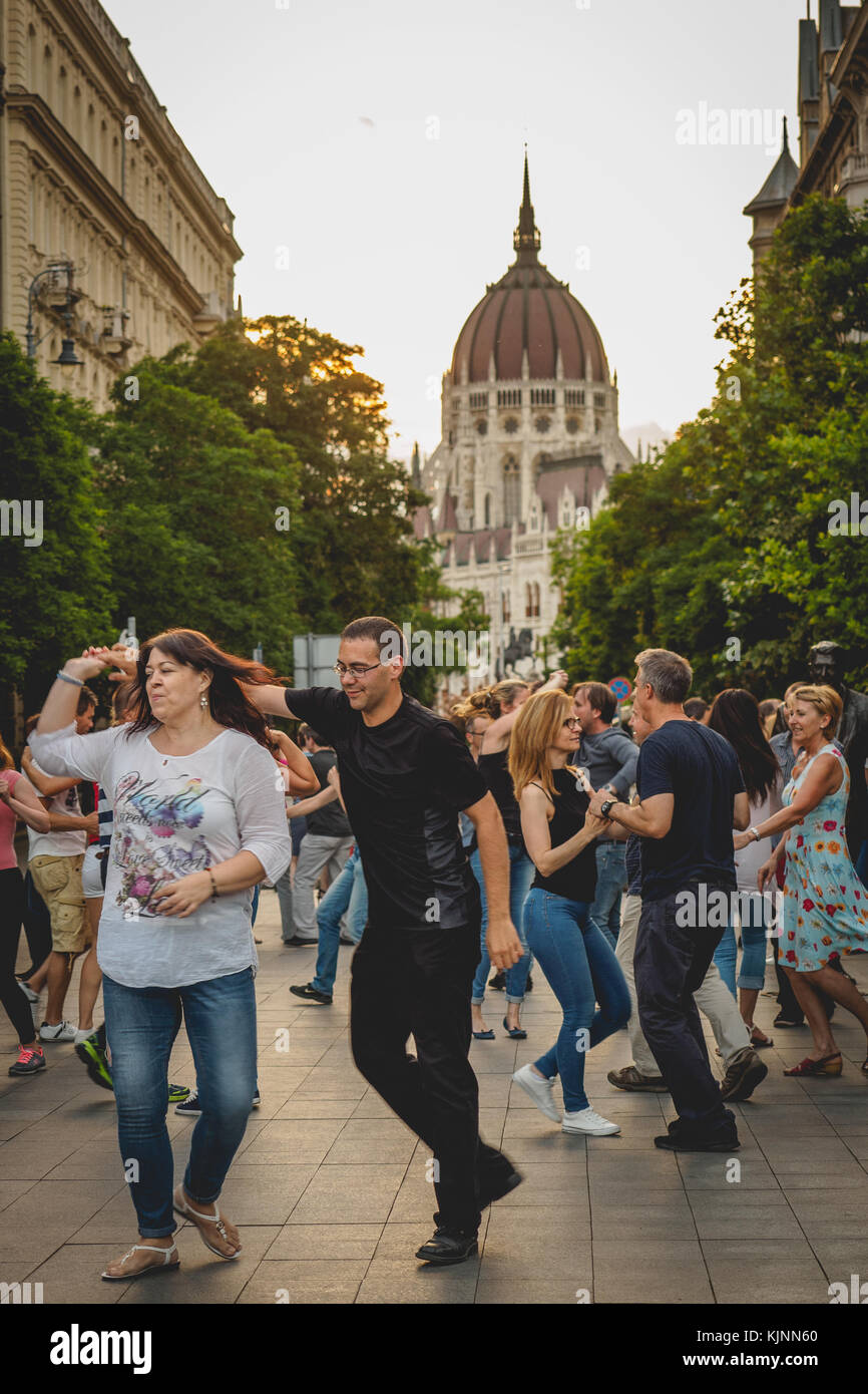 People dancing in the street during a food festival in Budapest (Hungary). June 2017. Stock Photo
