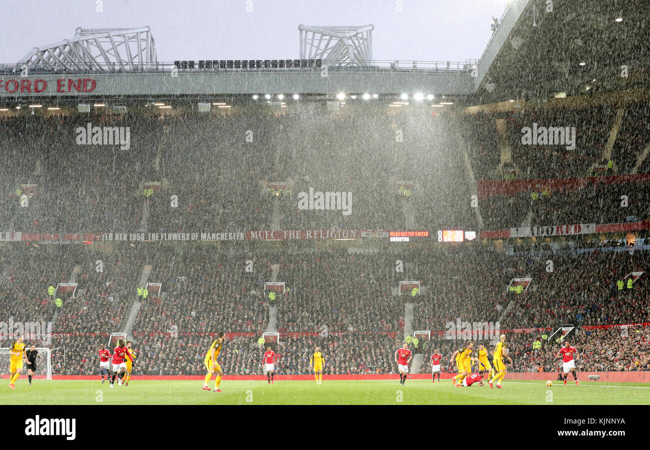 Rain during play during the Premier League match at Old Trafford
