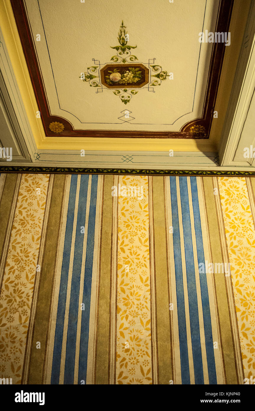 Ajaccio: ceiling and wallpaper of the Galerie, great room for guests in the Maison Bonaparte, home of the Bonaparte family and birthplace of Napoleon Stock Photo