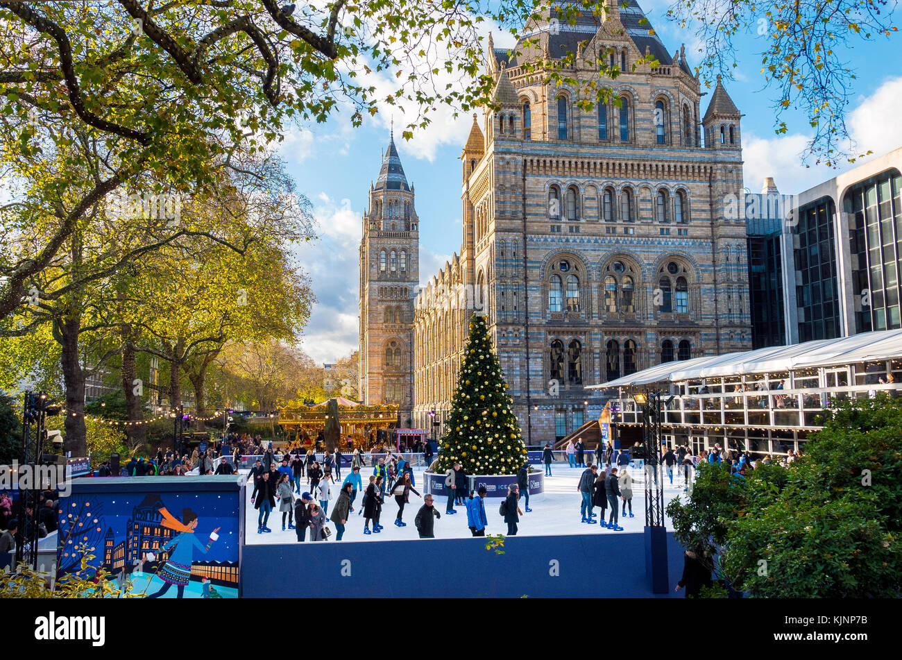 The Christmas Ice Rink at the Natural History Museum in London Stock Photo