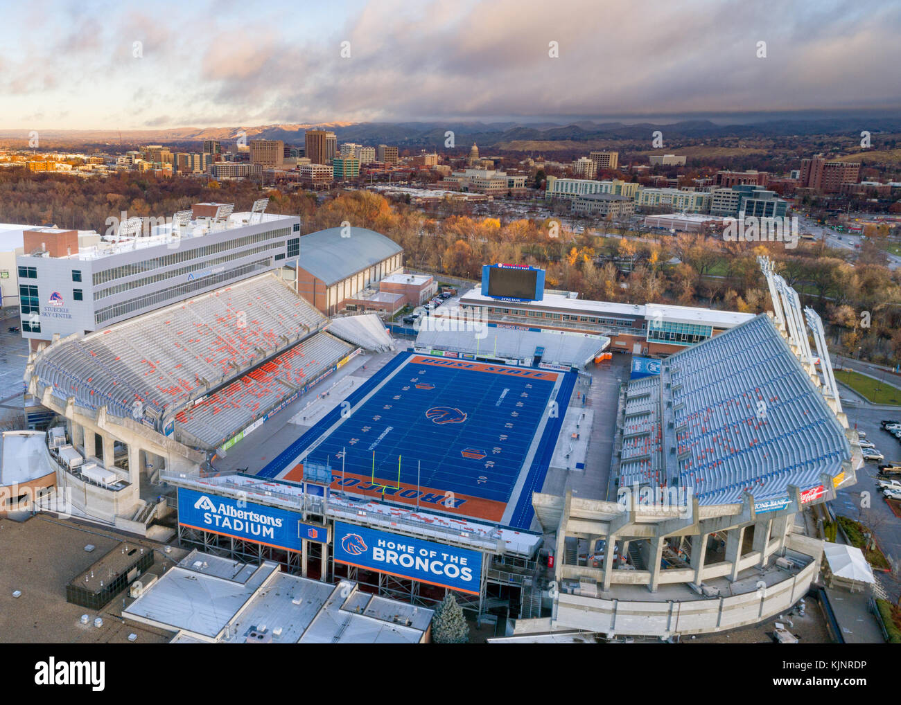 Boise, Idaho USA: November 24, 2017 - View of an Idaho college football field and city skyline Stock Photo