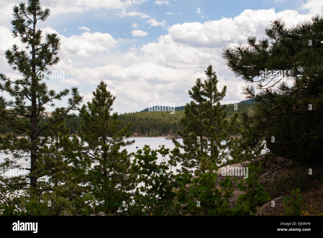 Looking through the trees to see a high mountain lake Stock Photo - Alamy
