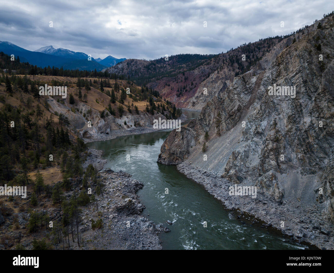 Aerial drone panoramic landscape view of Thompson River during a cloudy ...