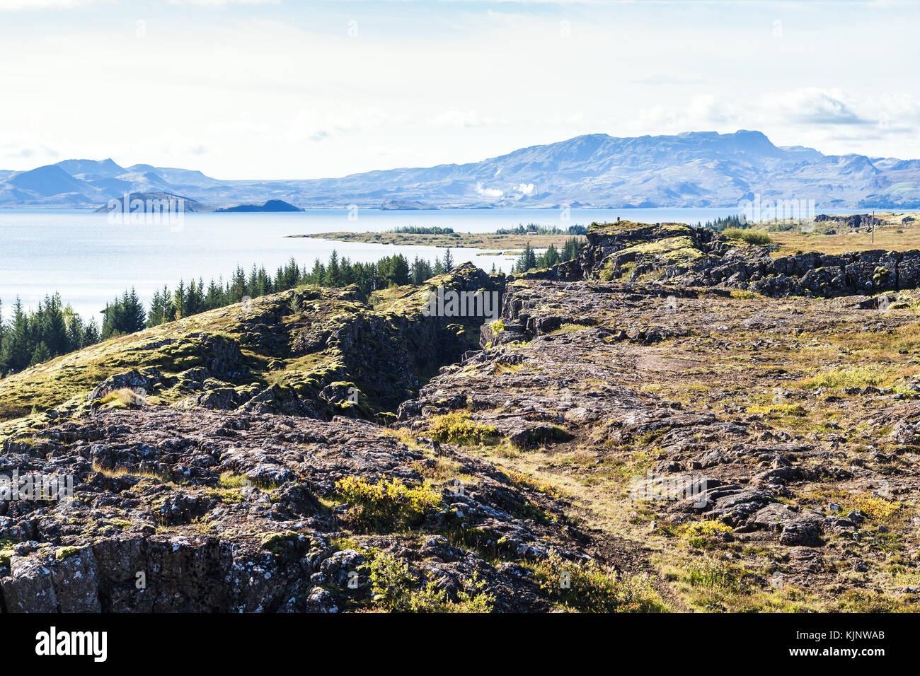 travel to Iceland - rocks and Thingvallavatn lake in Thingvellir national park in september Stock Photo