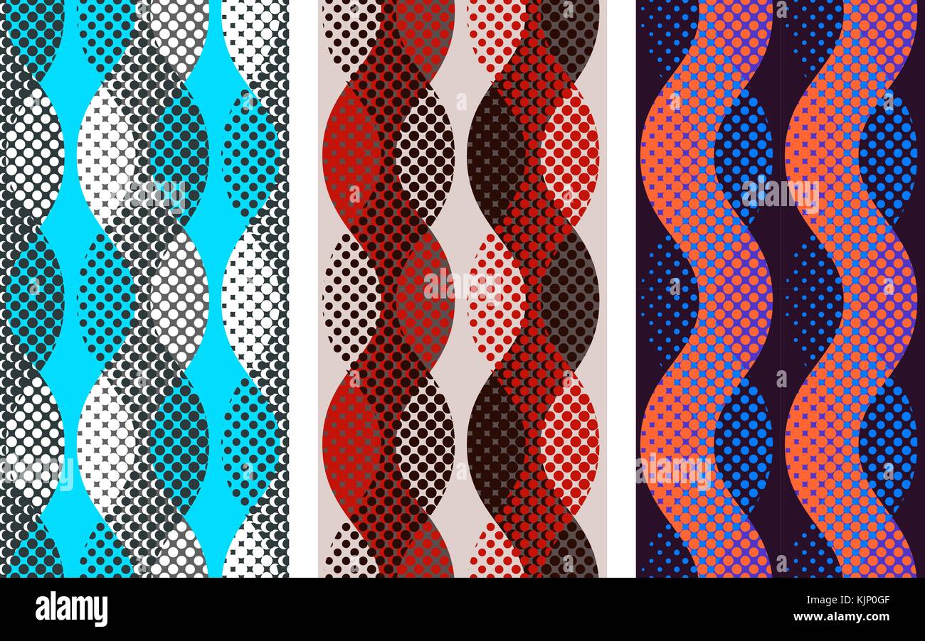 Abstract seamless pattern set. Pixelated waves motif background geometric shapes. Print imitation illustration Stock Vector