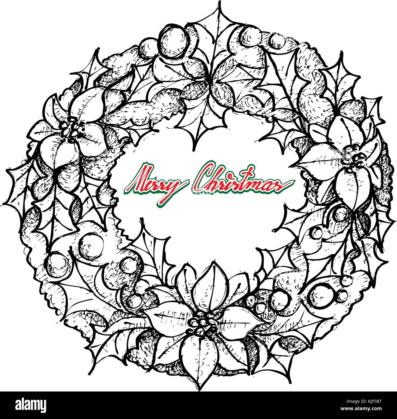 Illustration Hand Drawn Sketch Of A Beautiful Christmas Wreath Of Red Stock Vector Image Art Alamy