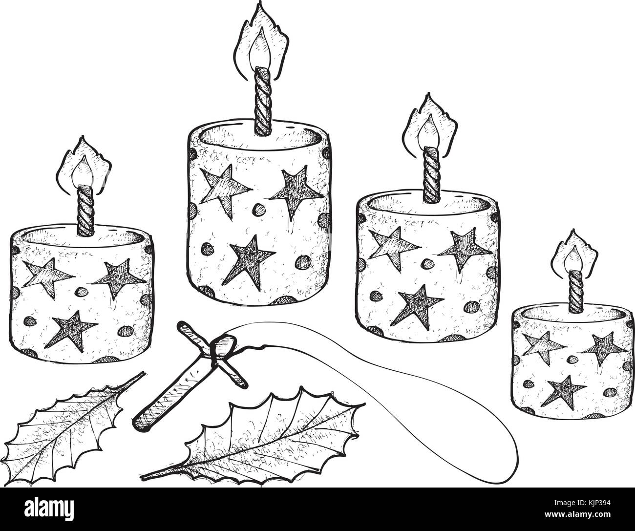 Four Christmas Candles with Holly Leaves and Wooden Cross, Symbolise ...