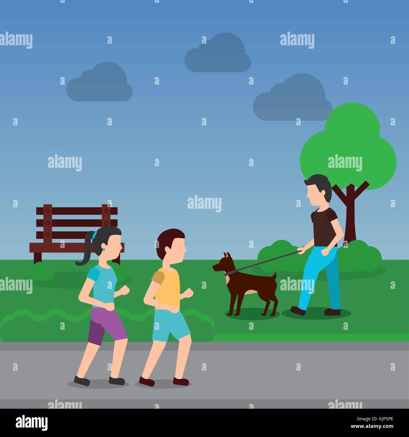 couple walking and man with dog in the park scene Stock Vector Image ...