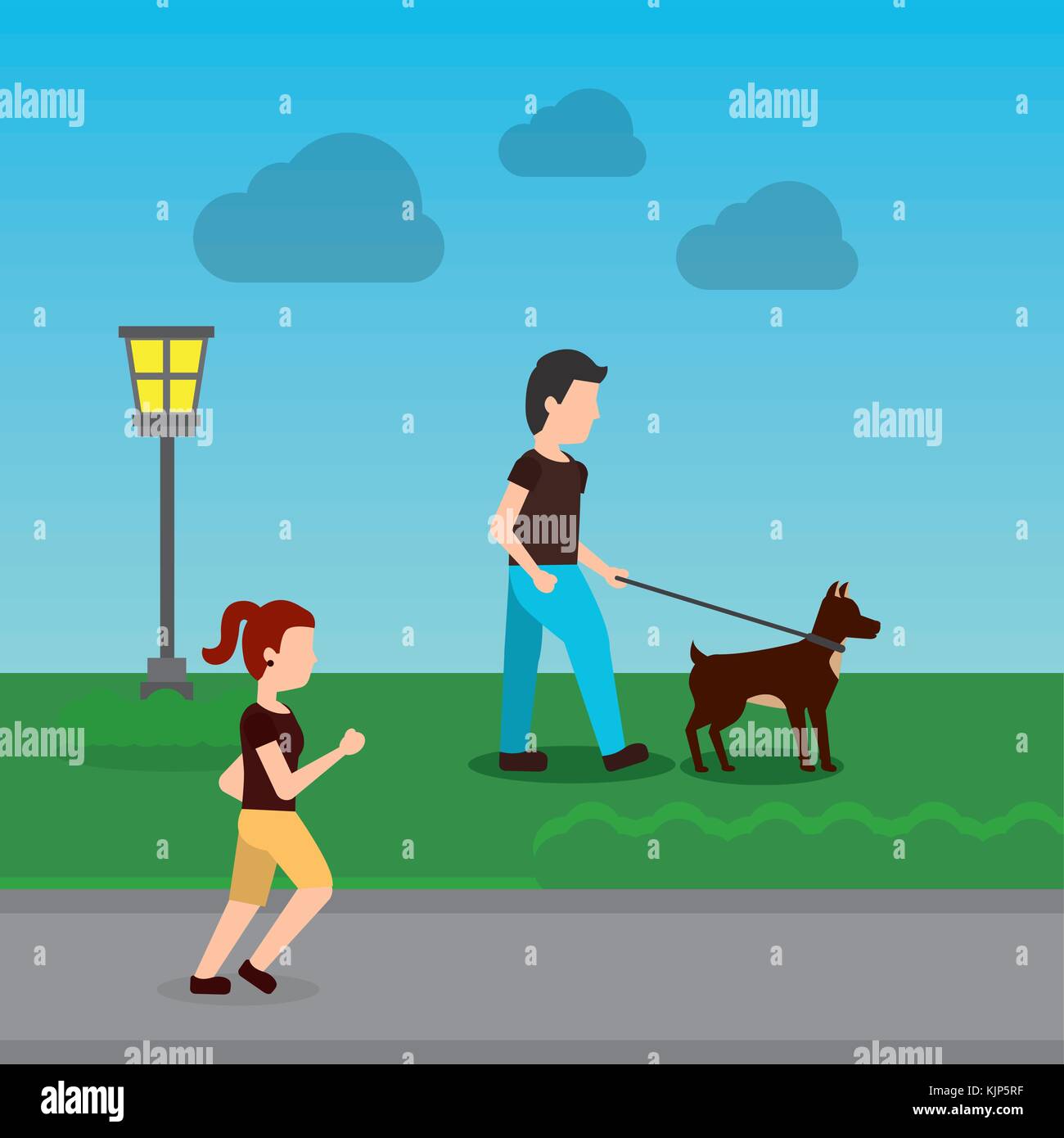cartoon man walking with their dog in the park and woman running Stock  Vector Image & Art - Alamy