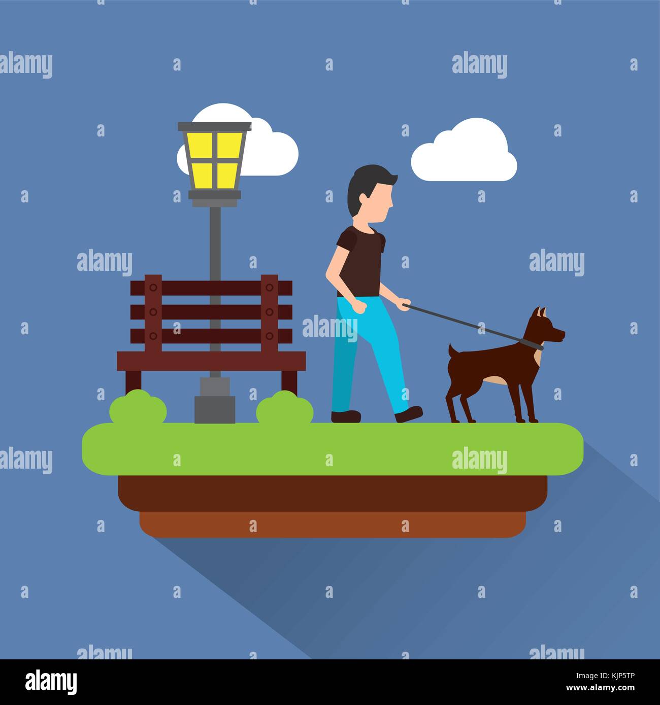 man walking their dog pet park scene with bench lamp light clouds Stock ...