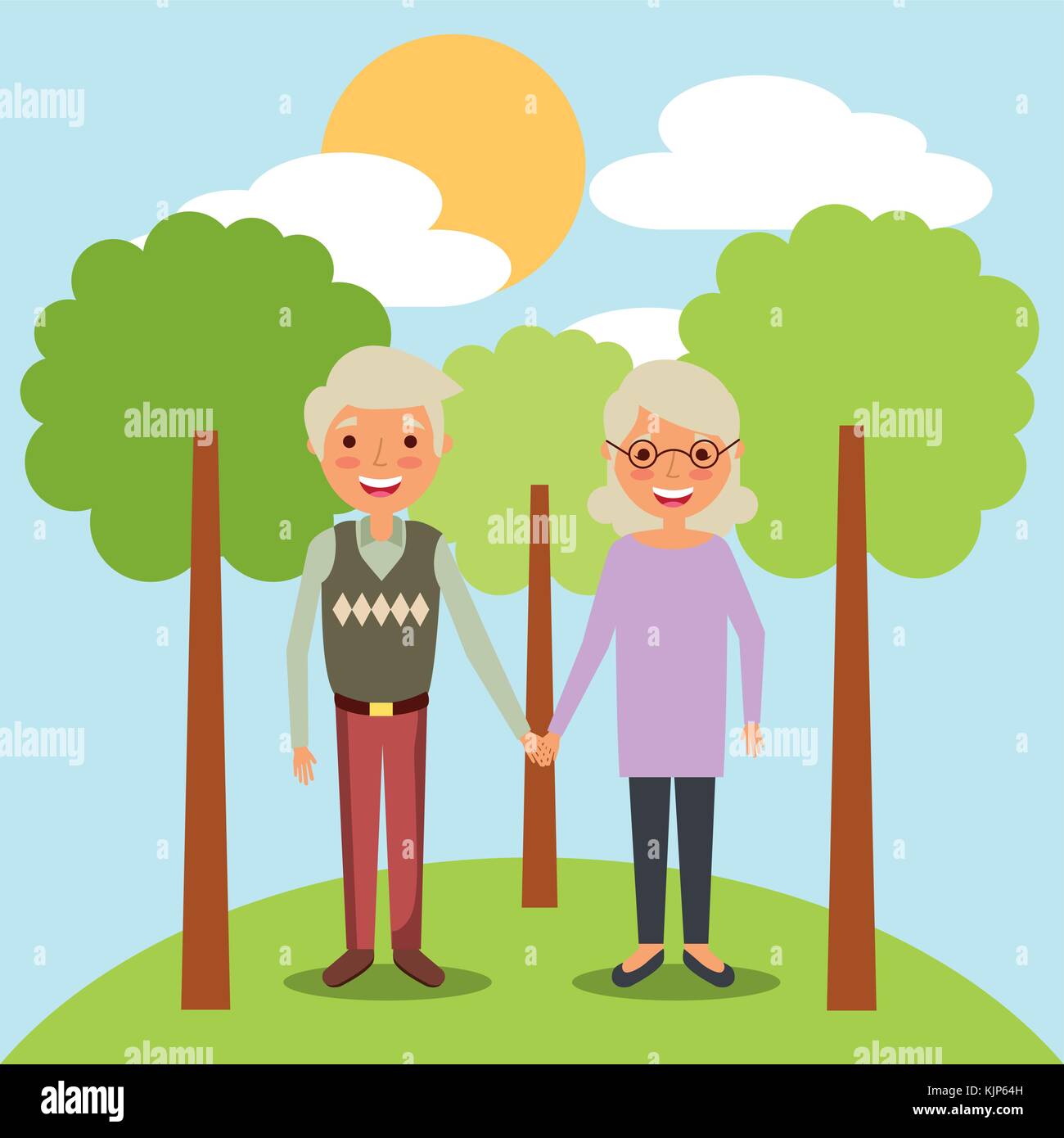 senior couple holding hands is in a park with tree sun clouds vector ...