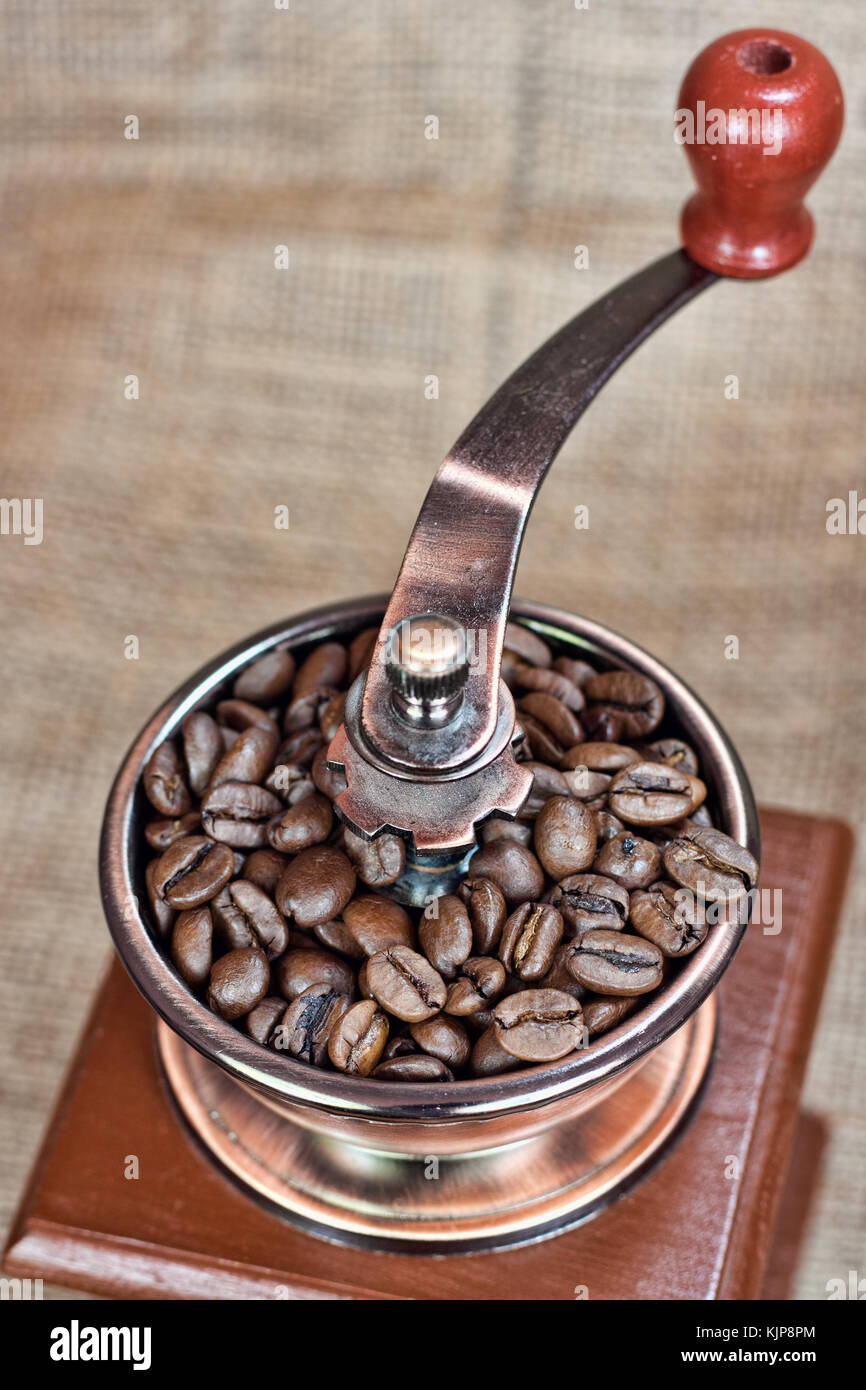 Contrast image of vintage coffee mill or grinder with coffee beans .Dramatic lightning Stock