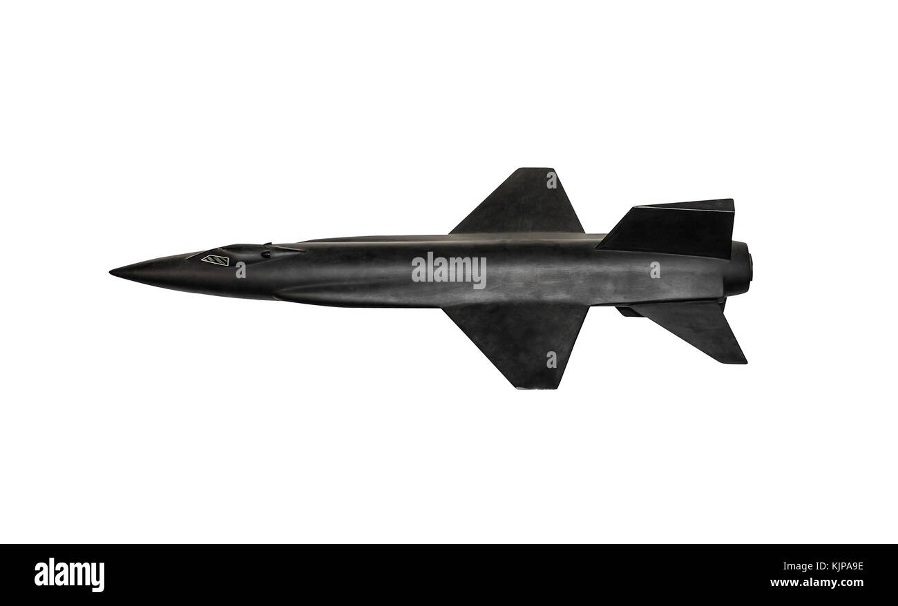 Black military model rocket on a white background. Stock Photo