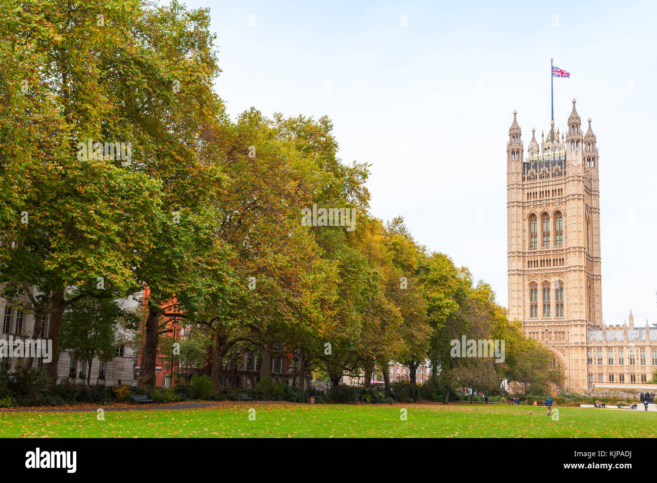 Victoria Tower,  square tower at the south-west end of the Palace of Westminster in London, United Kingdom. View from Victoria Tower gardens Stock Photo