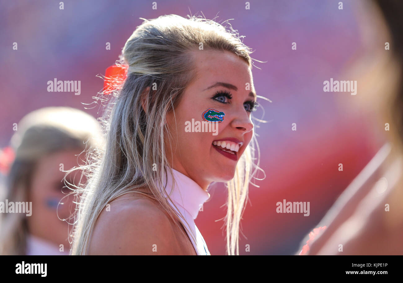 Florida, USA. 25th Nov, 2017. Florida cheerleader during the 1st half of an NCAA football game against the Florida State Seminoles at the University of Florida. Gary McCullough/CSM/Alamy Live News Stock Photo