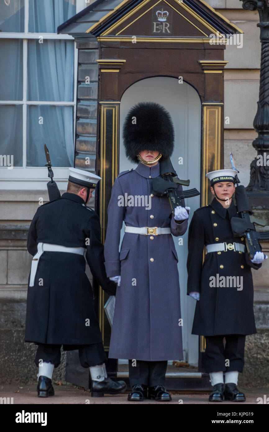London, UK. 26th Nov, 2017. The Royal Navy take over the guard duty at Buckingham Palace for the first time. They take part in the traditional 'Changing the Guard' ceremony, taking over from one of the Regiments of Foot Guards. Credit: Guy Bell/Alamy Live News Stock Photo
