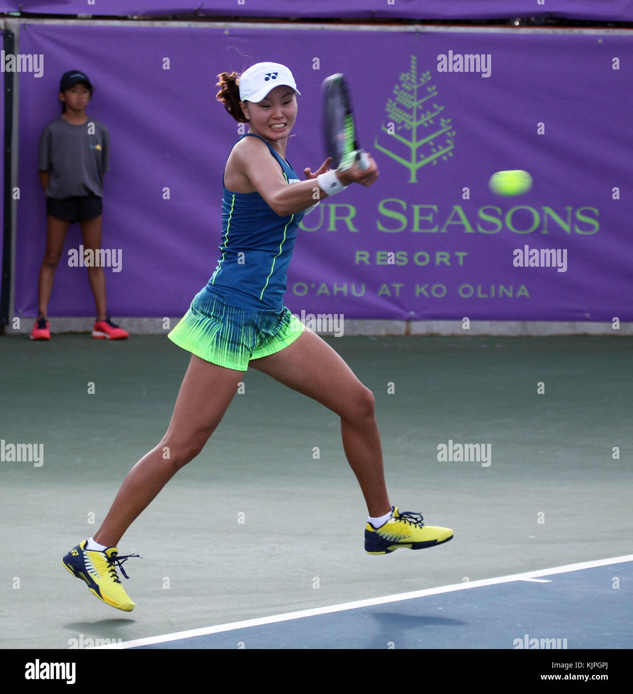 November 26, 2017 Su Jeong Jang returns volley on Center Court for the final of the WTA 125k