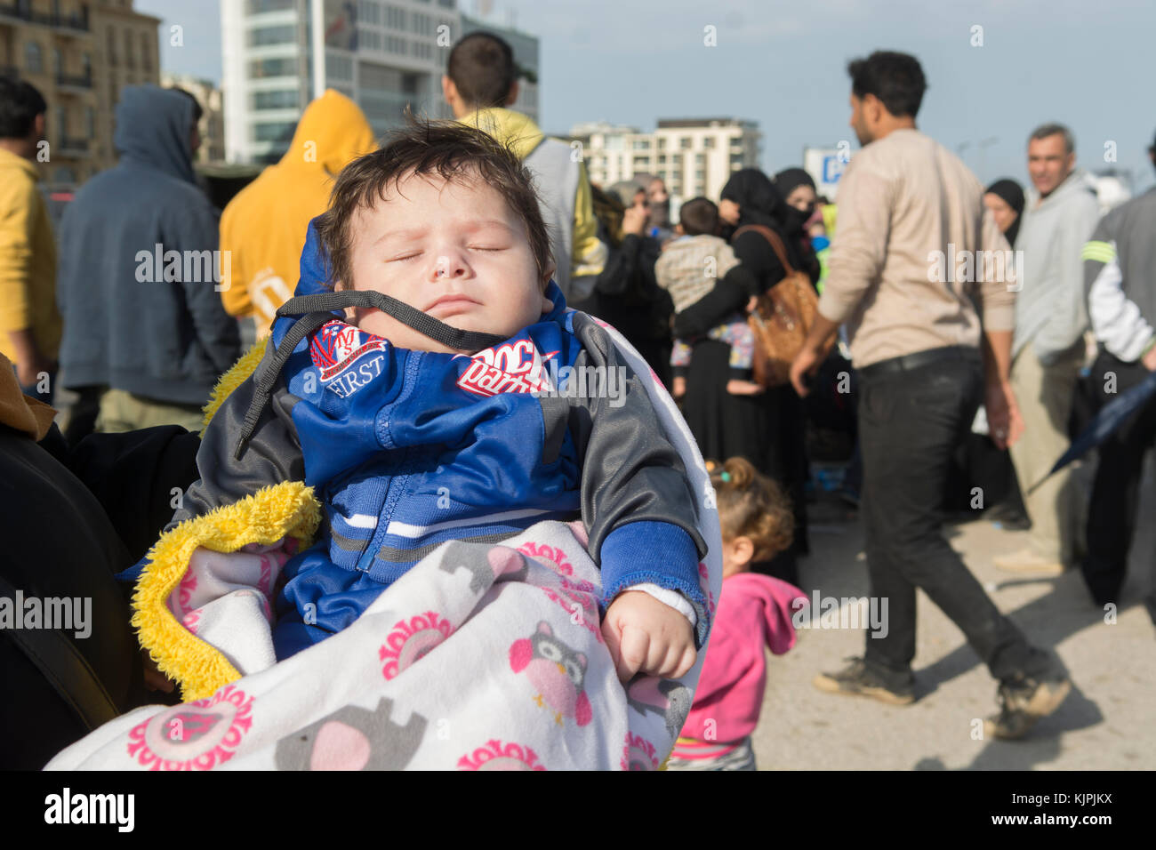 Marytrs' Square, Beirut , Lebanon, 26th Nov 2017, Syrian refugee baby